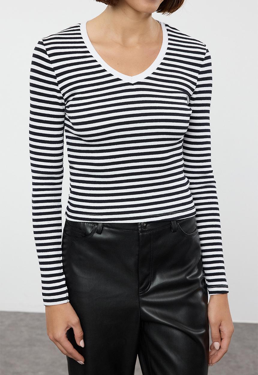Trendyol - Striped corded v-neck fitted long sleeve top - navy blue