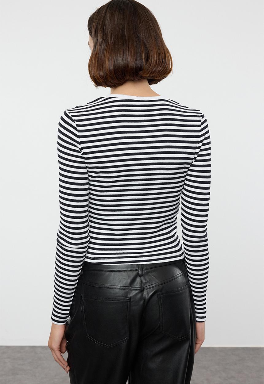 Trendyol - Striped corded v-neck fitted long sleeve top - navy blue