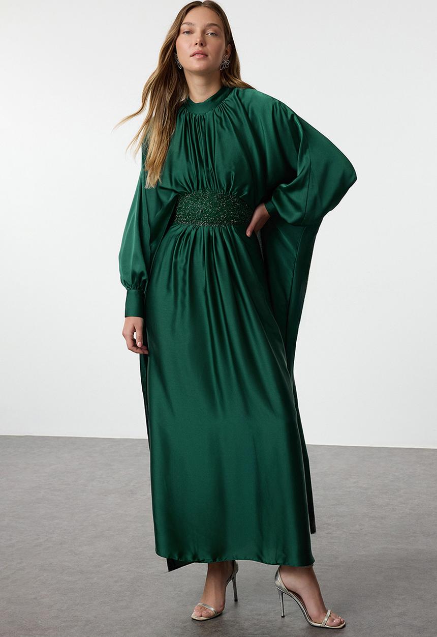 Trendyol - Dark Green Satin Stone Detailed Evening Dress