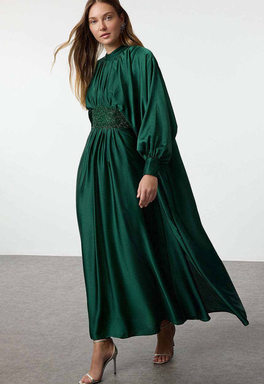 Trendyol - Dark Green Satin Stone Detailed Evening Dress