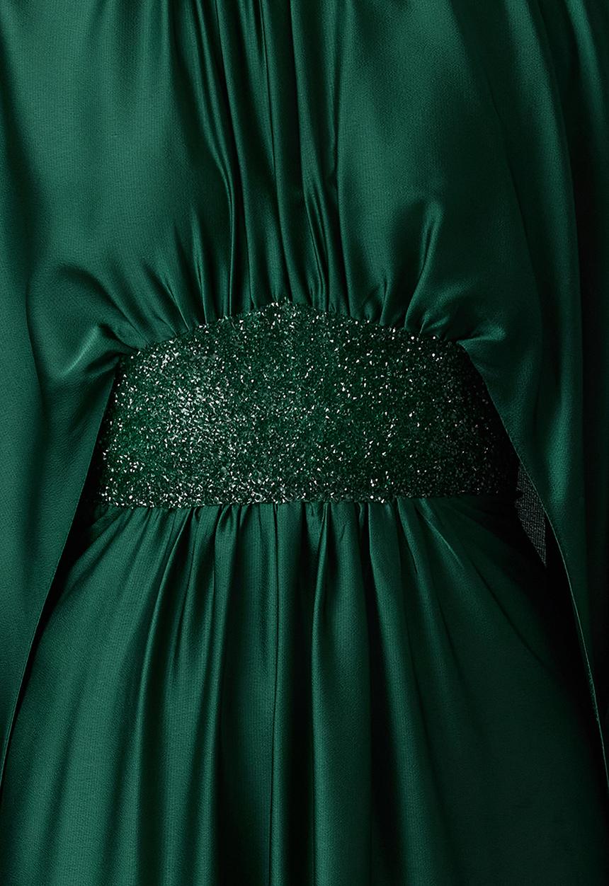 Trendyol - Dark Green Satin Stone Detailed Evening Dress