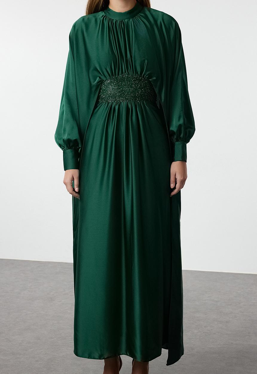 Trendyol - Dark Green Satin Stone Detailed Evening Dress