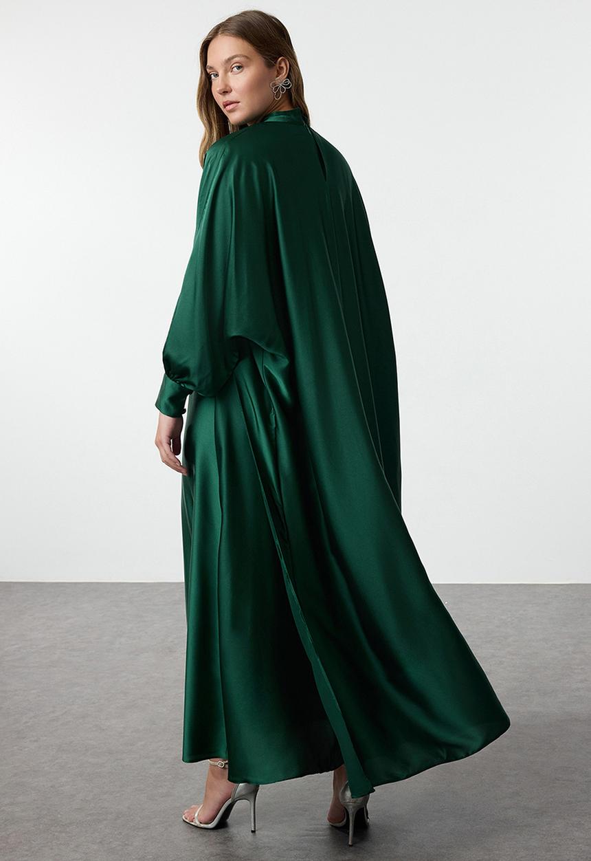 Trendyol - Dark Green Satin Stone Detailed Evening Dress