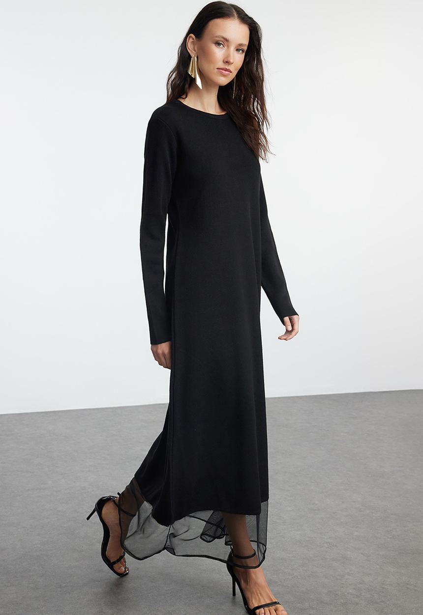 Trendyol - Black Tulle Detailed Skirt Knit Dress