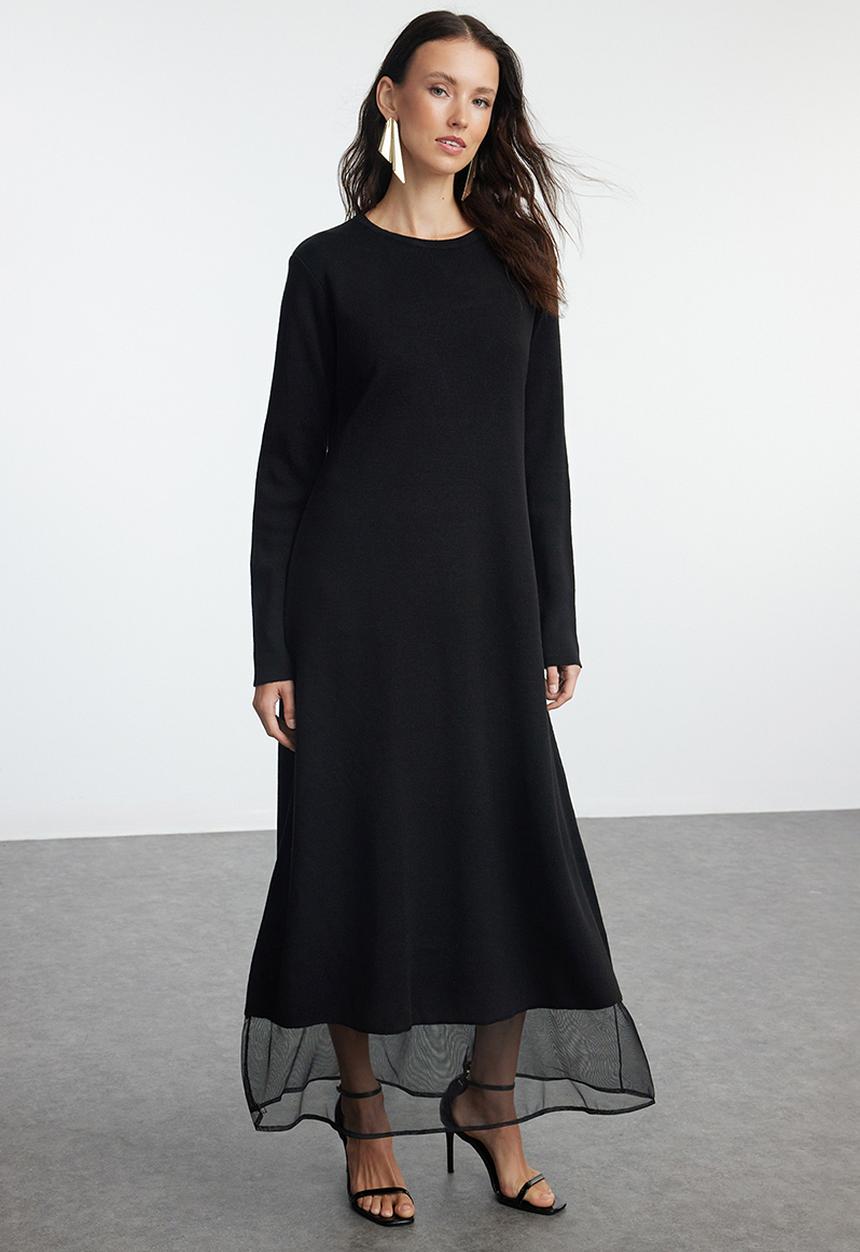Trendyol - Black Tulle Detailed Skirt Knit Dress