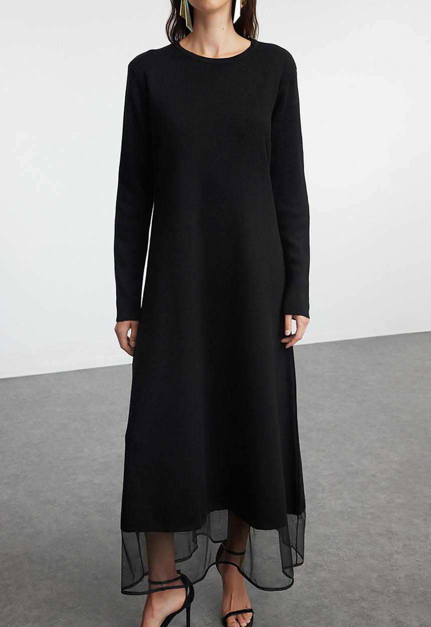 Trendyol - Black Tulle Detailed Skirt Knit Dress