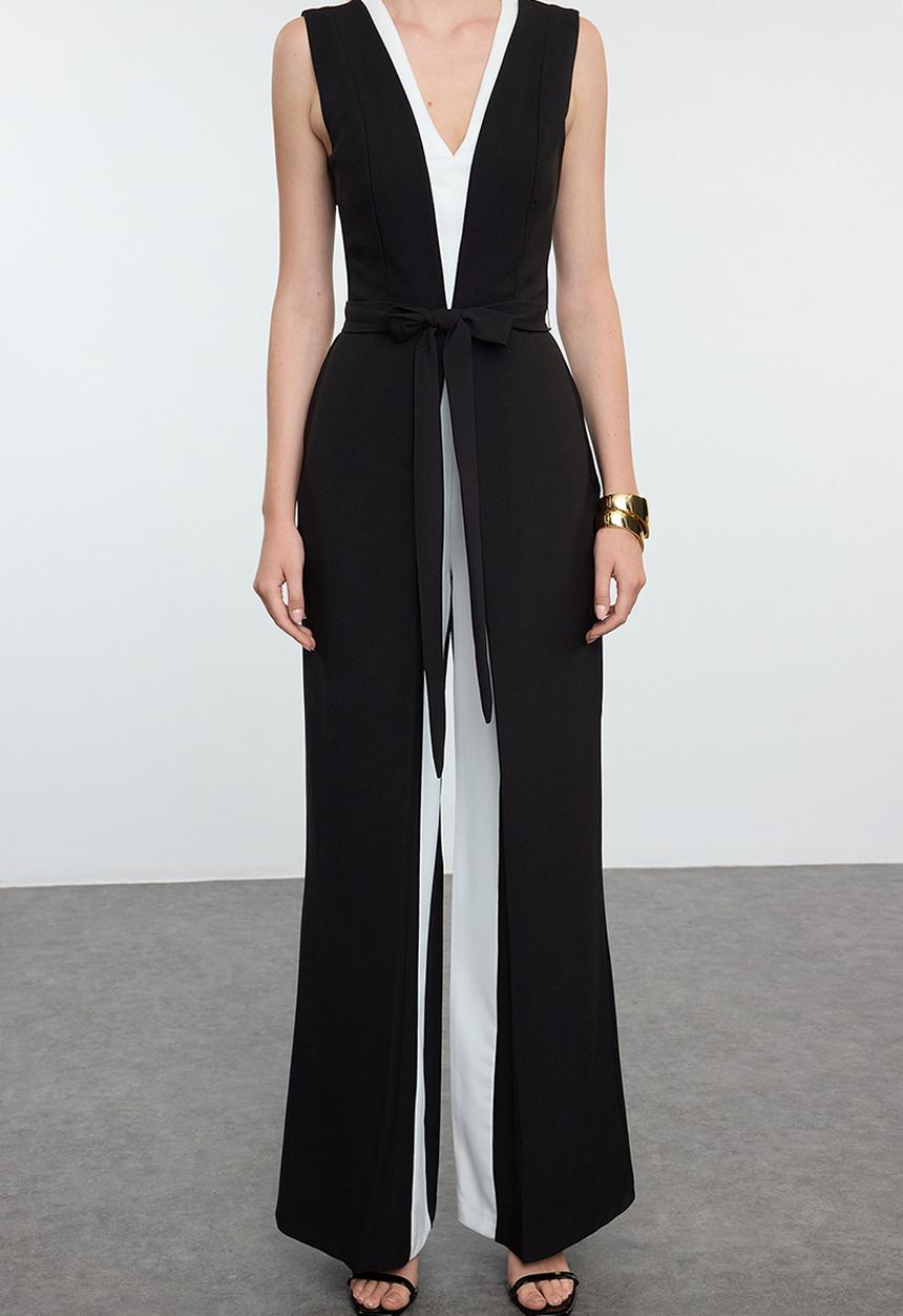 Trendyol - Black-White Belt Detailed Woven Overalls