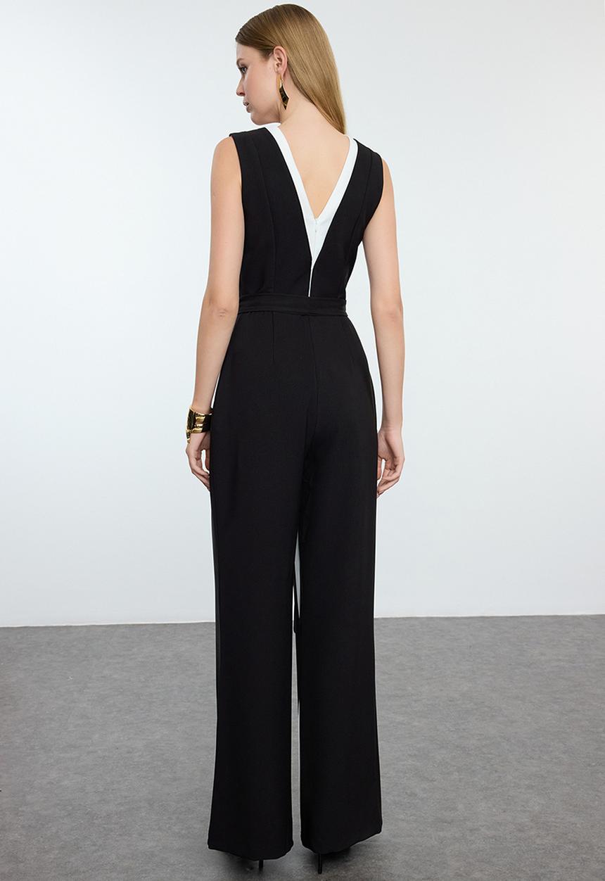 Trendyol - Black-White Belt Detailed Woven Overalls