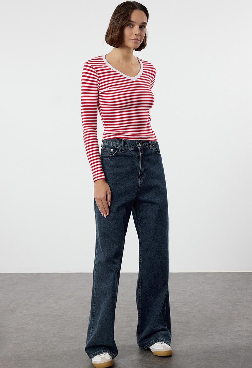 Trendyol - Red stripe corded v-neck top