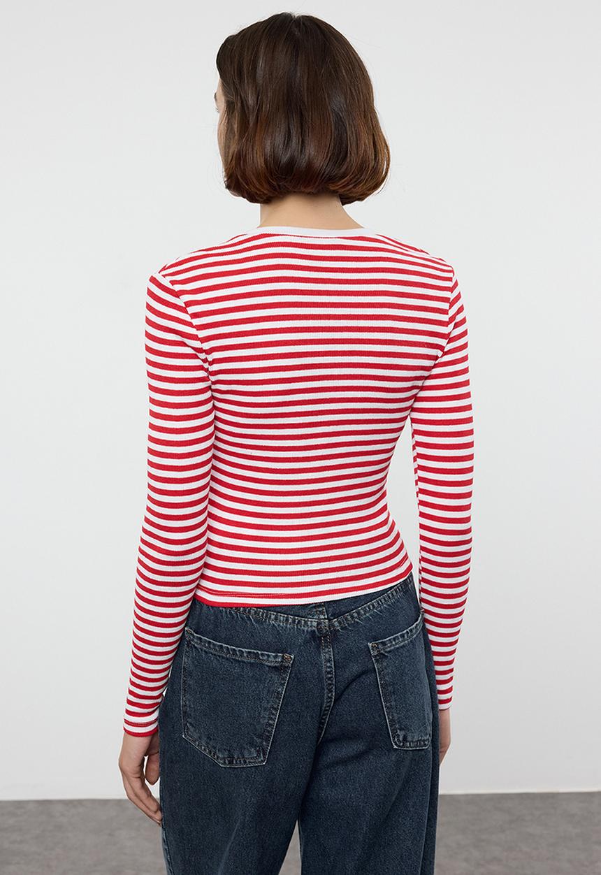 Trendyol - Red stripe corded v-neck top