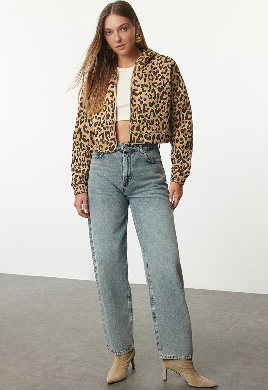 Trendyol - Animal leopard patterned crop hooded knitted sweatshirt