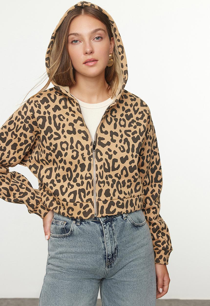 Trendyol - Animal leopard patterned crop hooded knitted sweatshirt