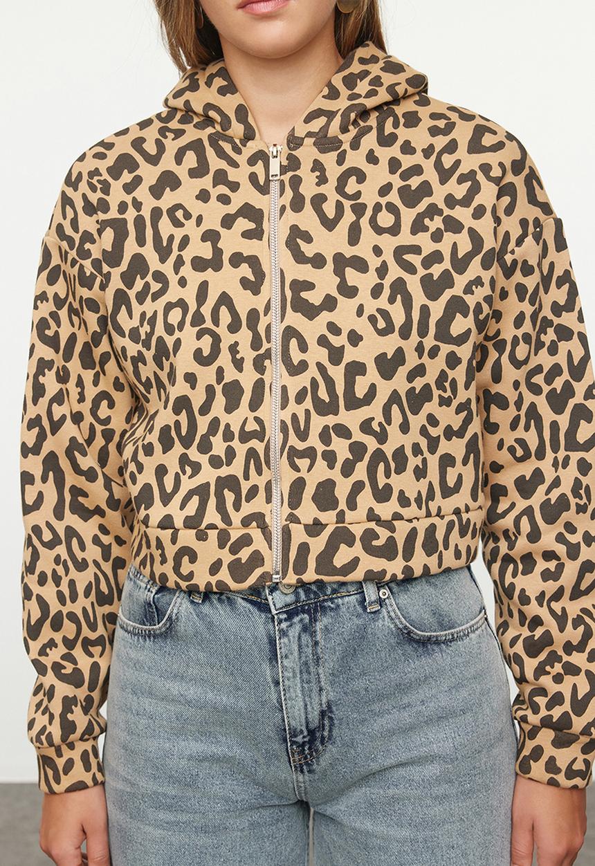 Trendyol - Animal leopard patterned crop hooded knitted sweatshirt