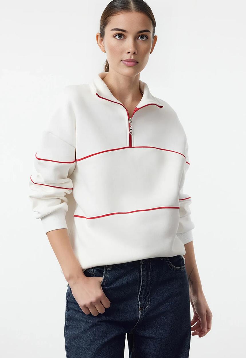 Trendyol - Ecru ribbed detailed zippered collar oversize knitted sweatshirt