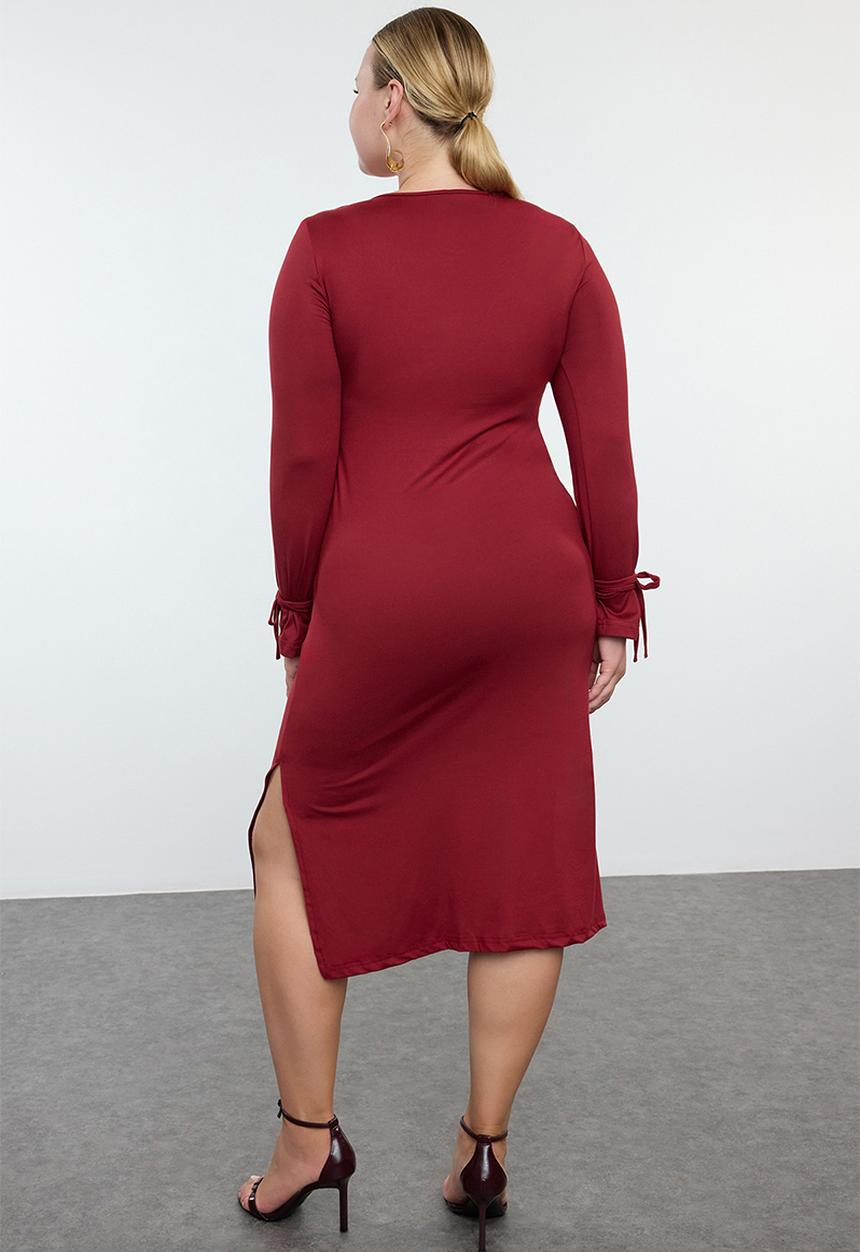 Trendyol - Plus Premium Square Neck Slit Knitted - Claret Red 