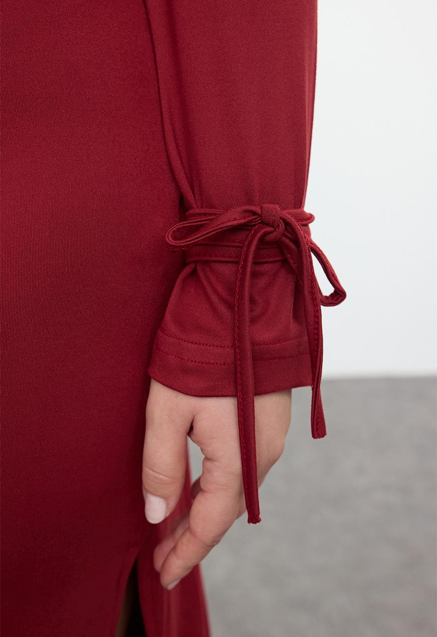 Trendyol - Plus Premium Square Neck Slit Knitted - Claret Red 