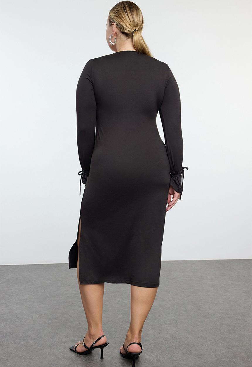 Trendyol - Plus Premium Square Neck Slit Knitted Plus Size Dress - black