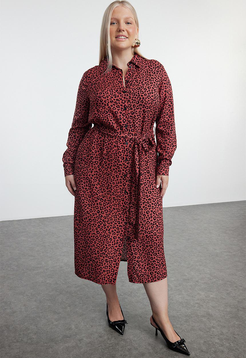 Trendyol - Plus Belted  Shirt Dress  - animal/tile leopard