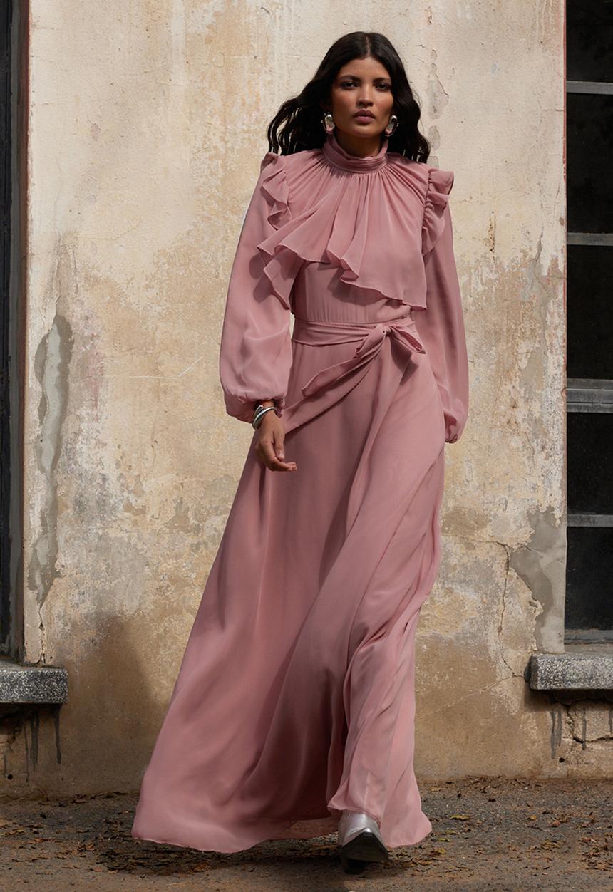 Trendyol - Dusty Rose Ruffle Detailed Chiffon Evening Dress
