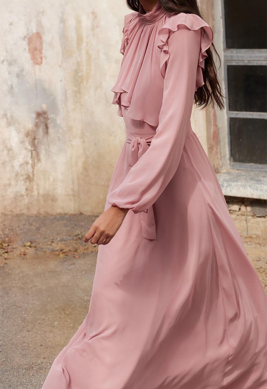 Trendyol - Dusty Rose Ruffle Detailed Chiffon Evening Dress