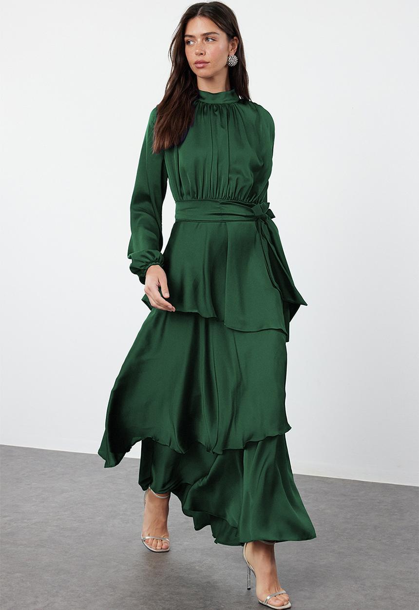 Trendyol - Dark Green Tiered Satin Evening Dress