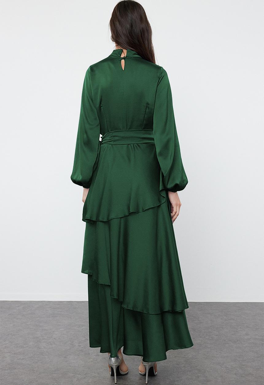 Trendyol - Dark Green Tiered Satin Evening Dress