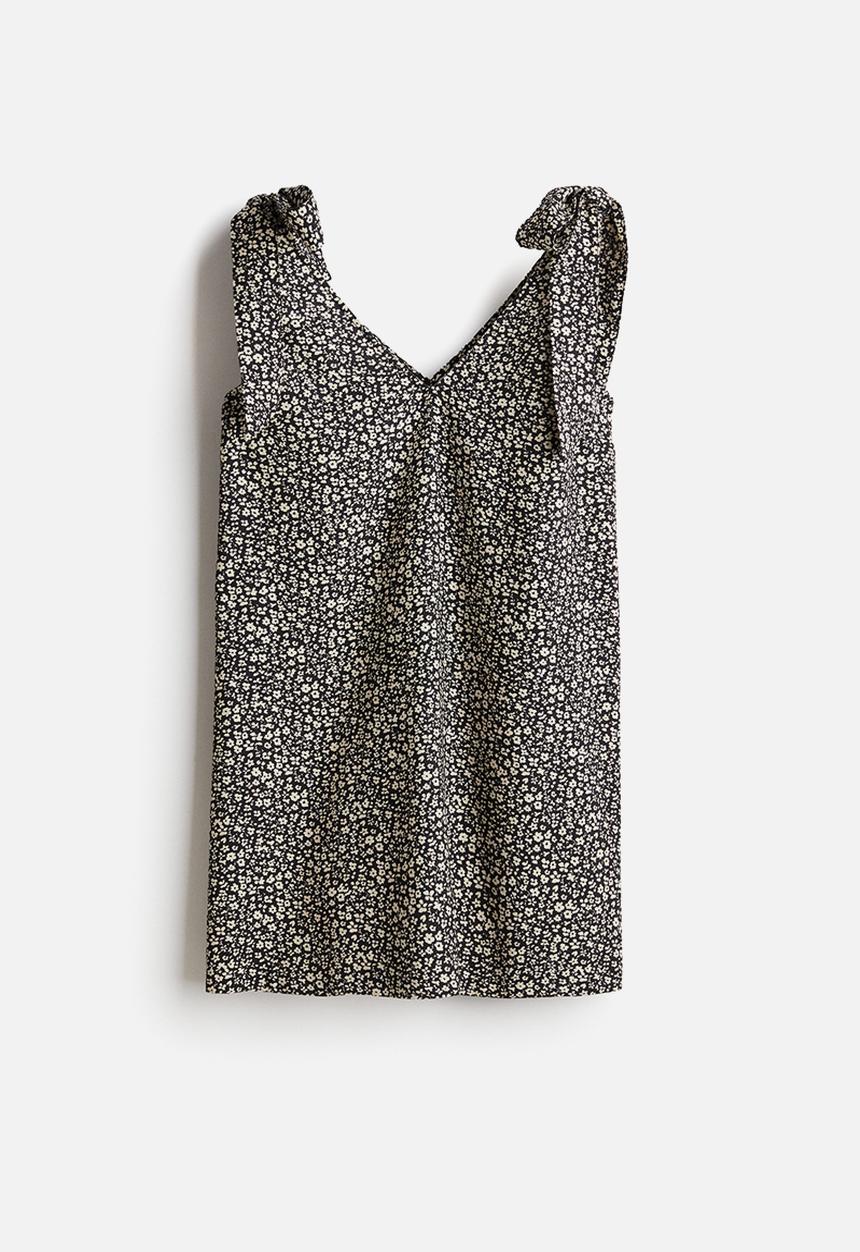 H&M - A-line tie-strap dress - black/small flowers