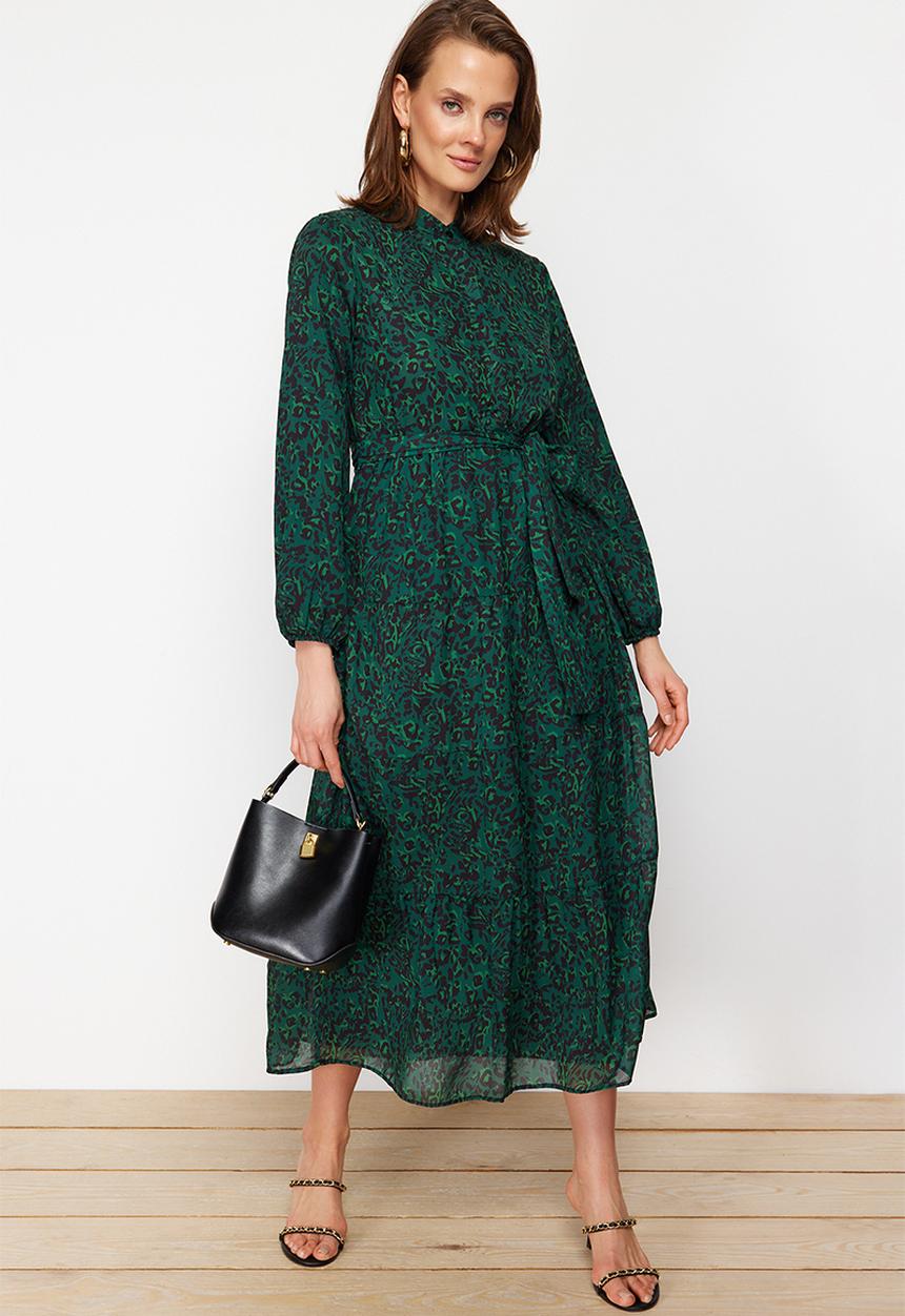 Trendyol - Patterned Sash Detailed Lined Chiffon Woven Dress - dark green