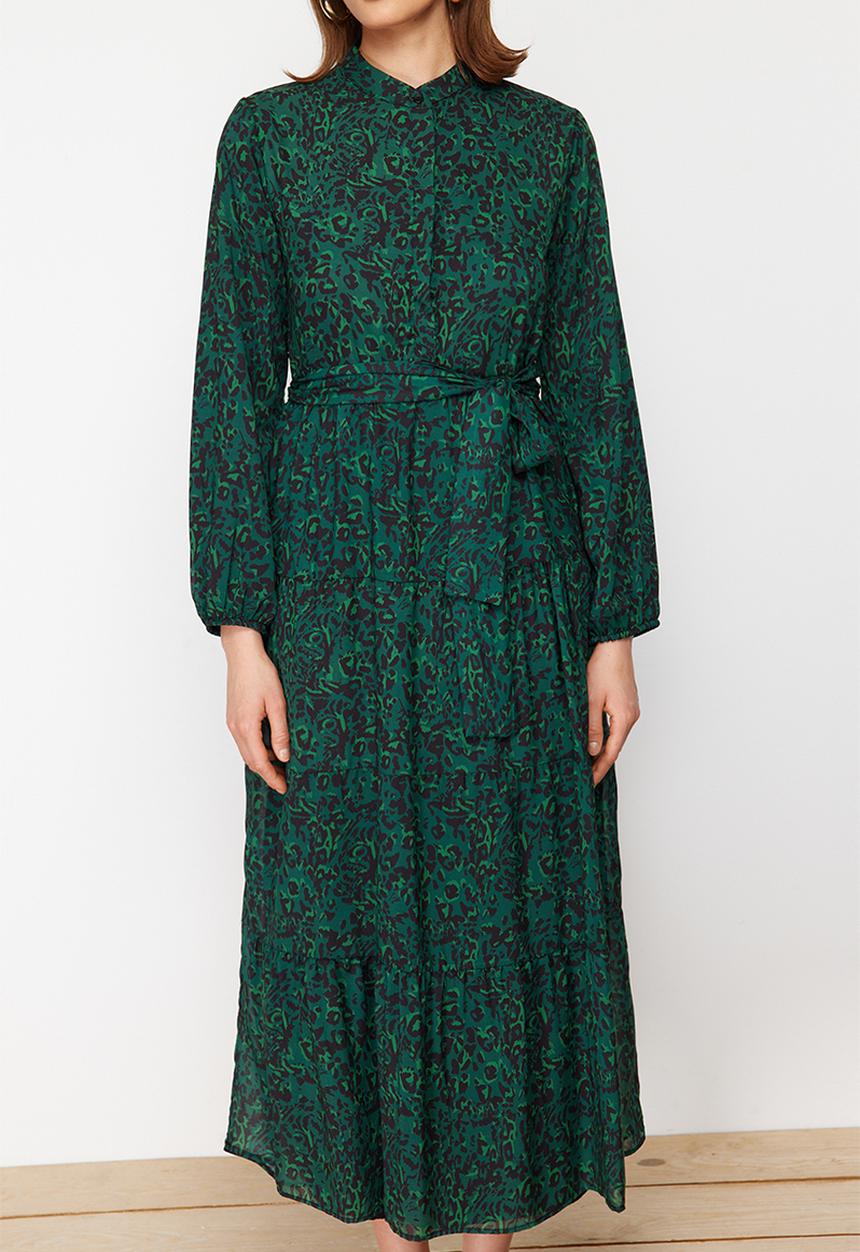 Trendyol - Patterned Sash Detailed Lined Chiffon Woven Dress - dark green