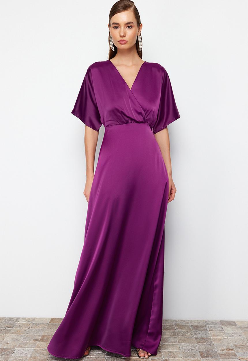 Trendyol - Satin A-line Dress - Plum 
