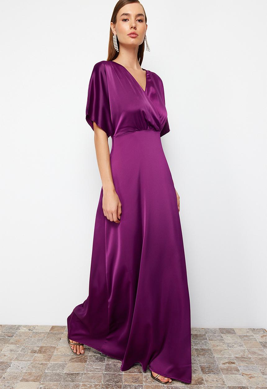 Trendyol - Satin A-line Dress - Plum 
