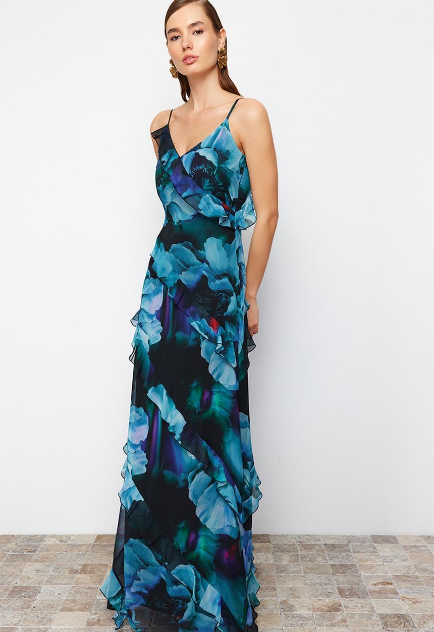 Trendyol - Ruffled Woven Long Evening Dress - blue