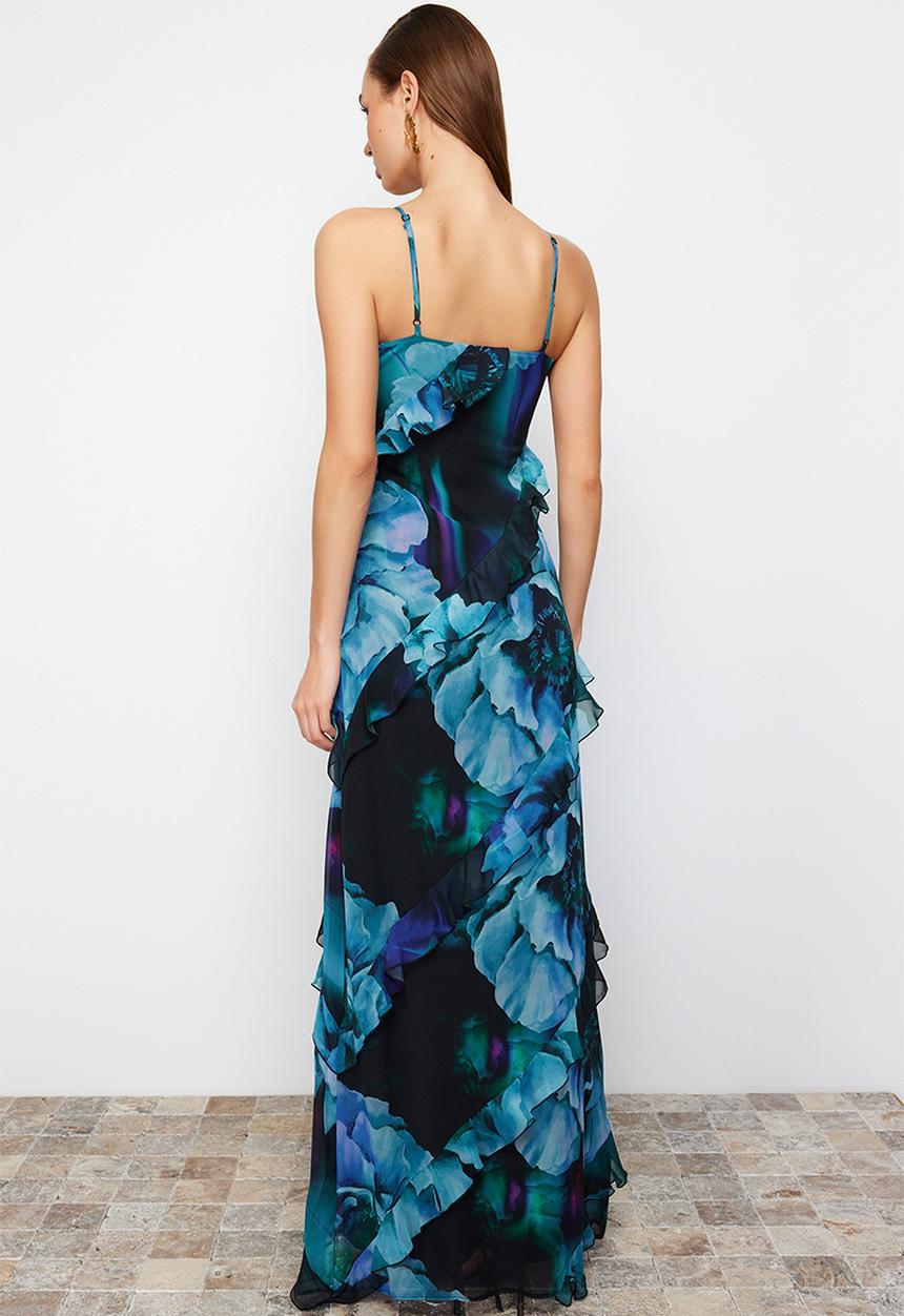 Trendyol - Ruffled Woven Long Evening Dress - blue