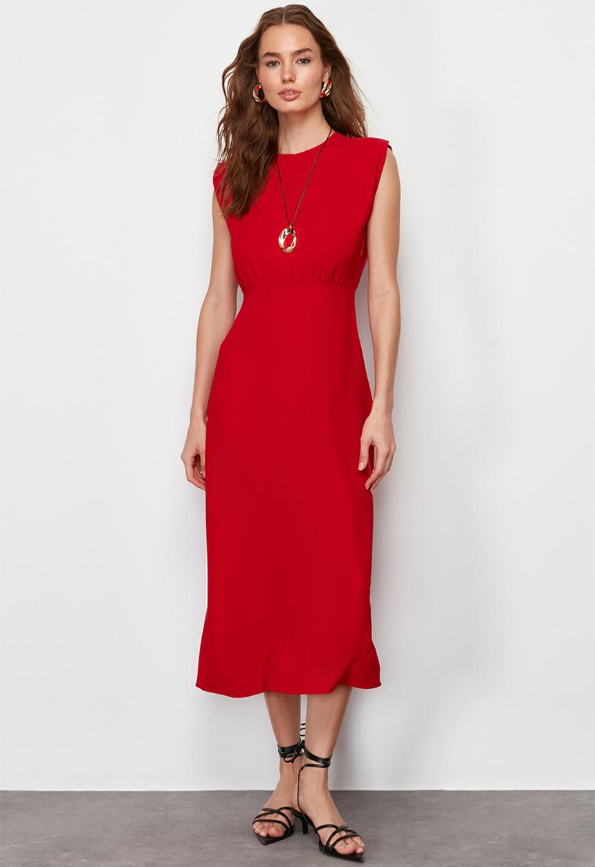 Trendyol - A-Line Sleeveless Midi Woven Dress - Red 