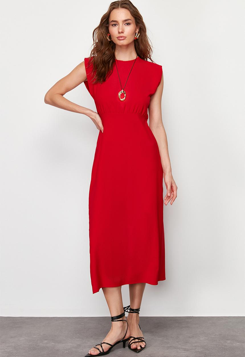 Trendyol - A-Line Sleeveless Midi Woven Dress - Red 
