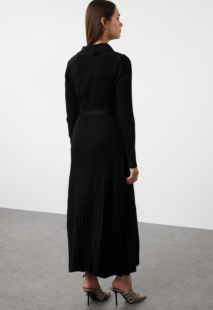 Trendyol - Belted Polo Neck Ribbed Knit Dress - Black 