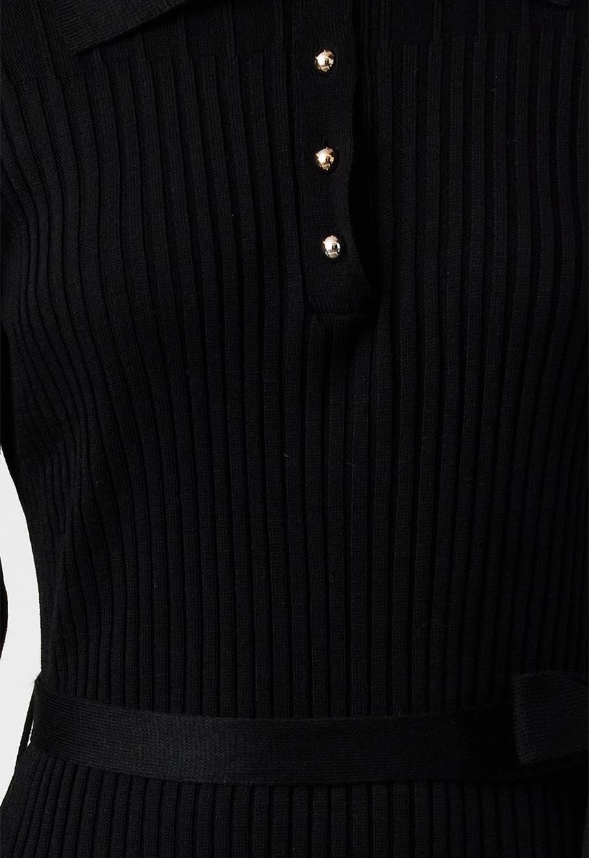 Trendyol - Belted Polo Neck Ribbed Knit Dress - Black 