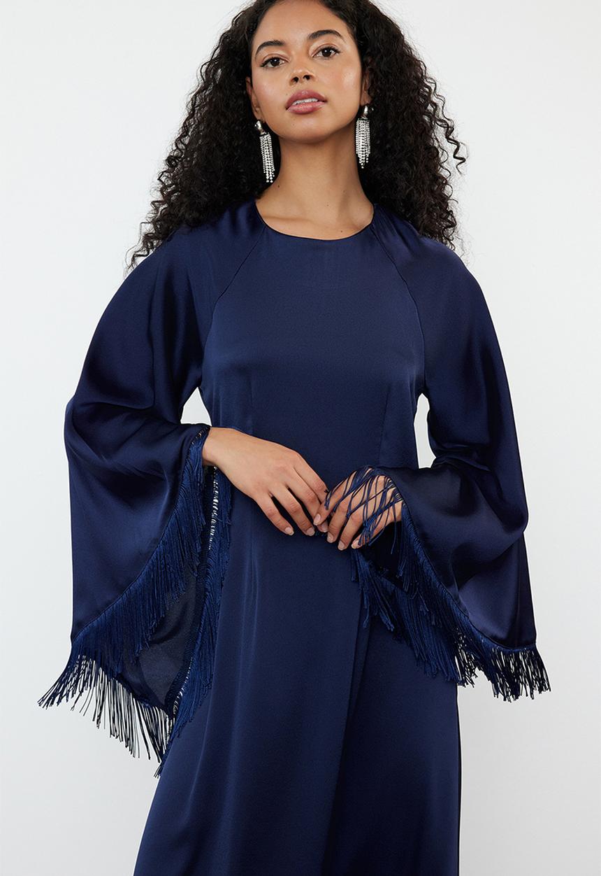 Trendyol - Ostrich Feather Detailed Evening Dress - Navy Blue 