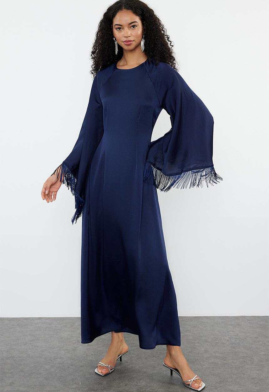 Trendyol - Ostrich Feather Detailed Evening Dress - Navy Blue 