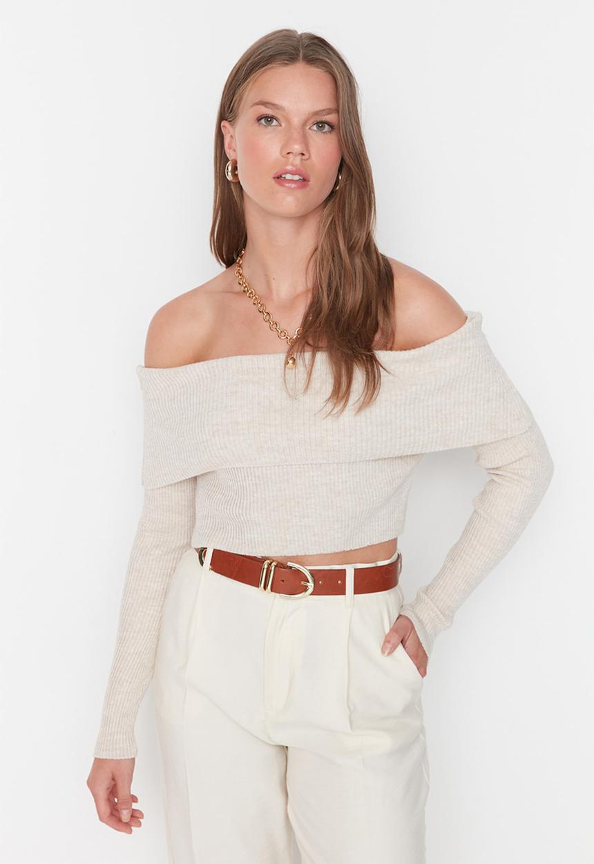 Trendyol - Stone super crop carmen collar knitted top