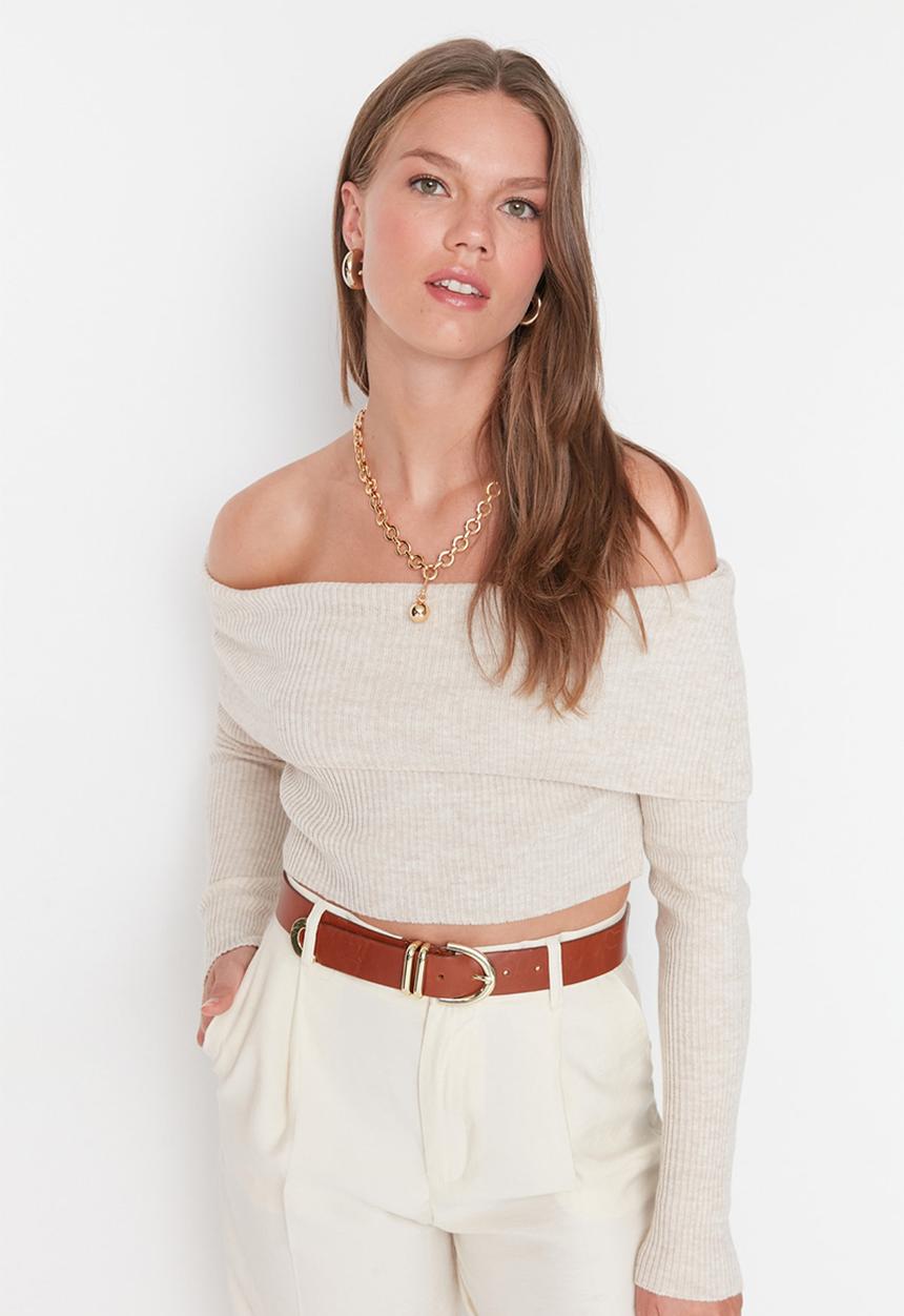 Trendyol - Stone super crop carmen collar knitted top