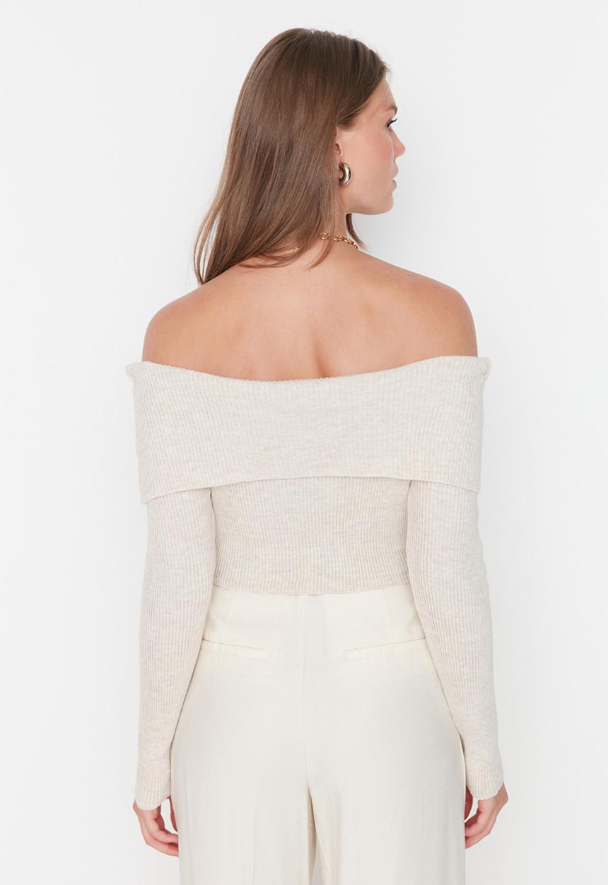 Trendyol - Stone super crop carmen collar knitted top