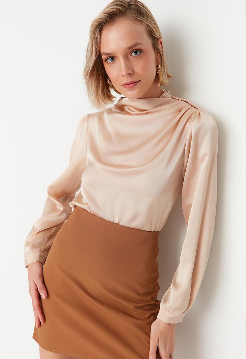 Trendyol - Cowl Collar Regular Pattern Woven Shoulder Detail Satin Blouse -Beige