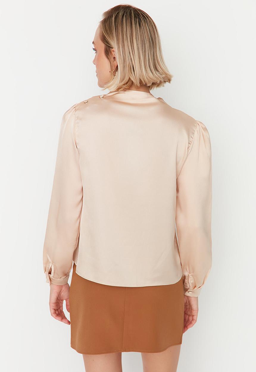 Trendyol - Cowl Collar Regular Pattern Woven Shoulder Detail Satin Blouse -Beige