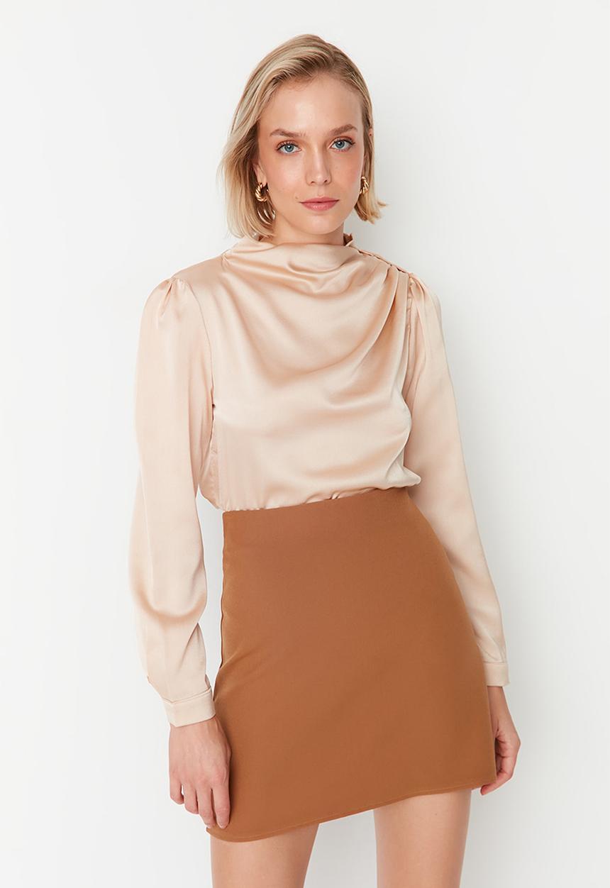 Trendyol - Cowl Collar Regular Pattern Woven Shoulder Detail Satin Blouse -Beige