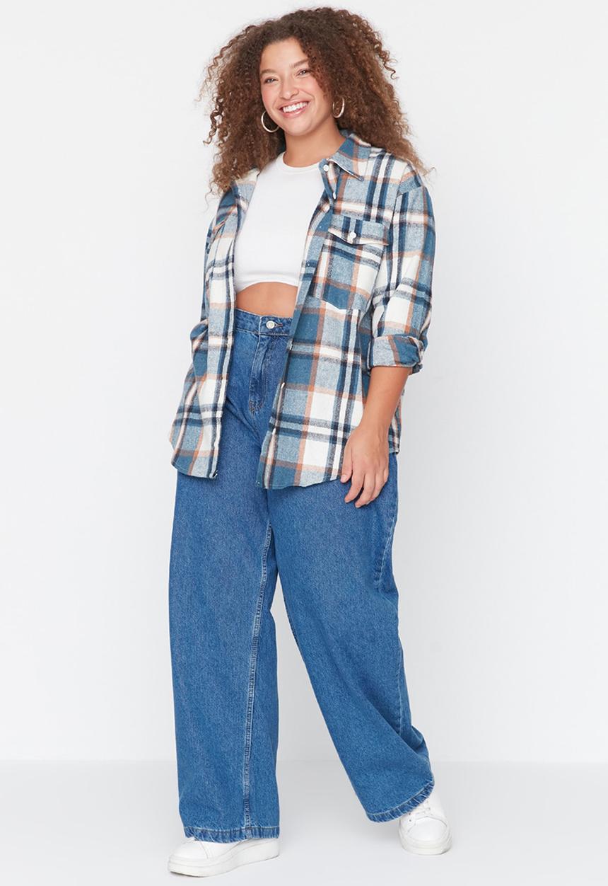 Trendyol - Plus High Waist Wide Cut Jeans - Indigo 