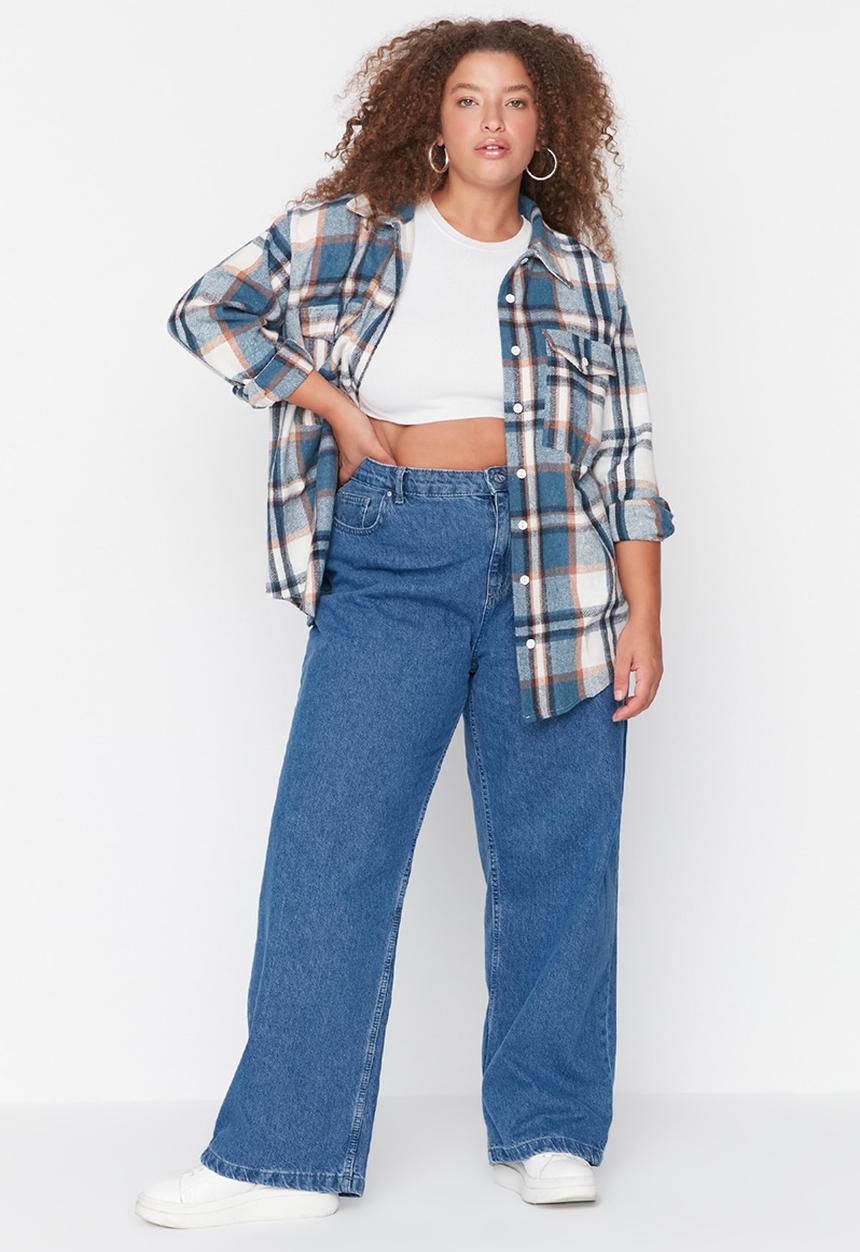 Trendyol - Plus High Waist Wide Cut Jeans - Indigo 
