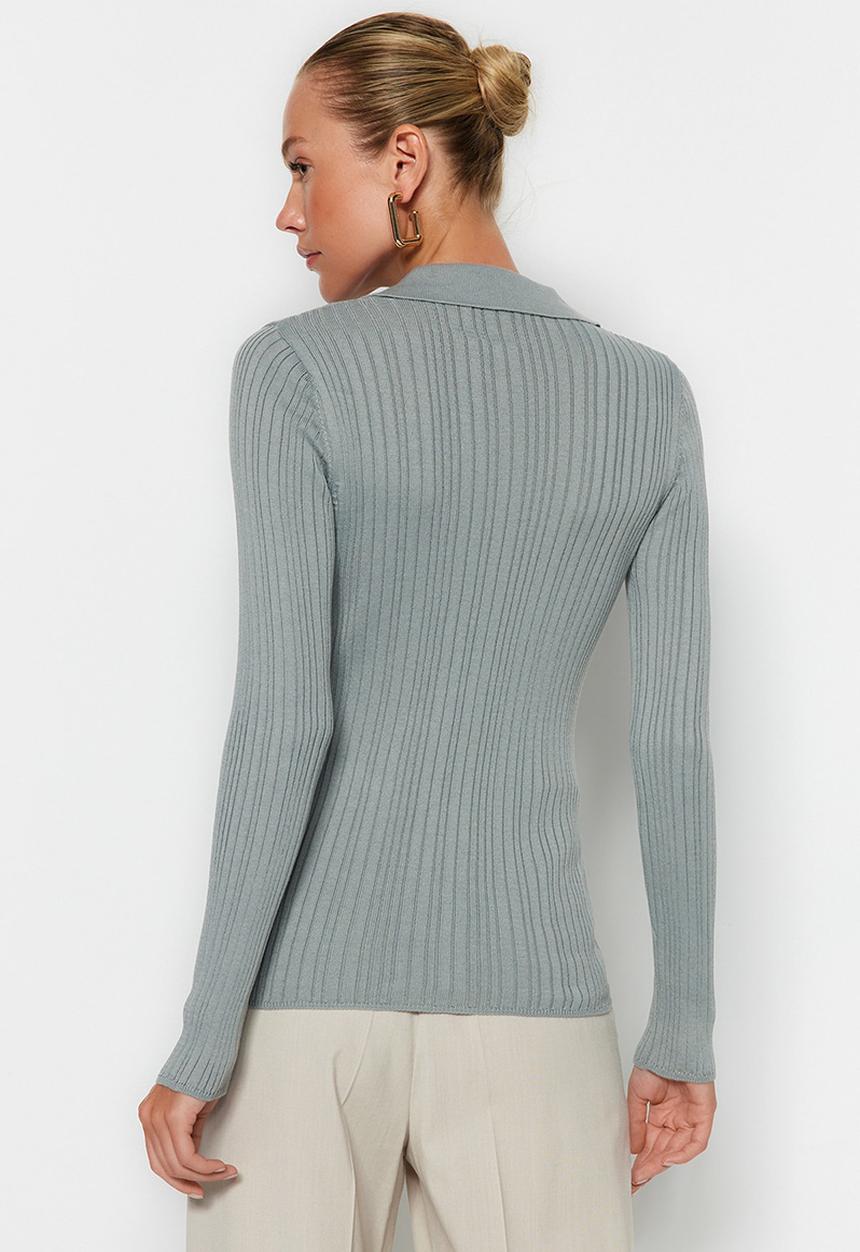 Trendyol - Grey ribbed polo collar knitwear cardigan