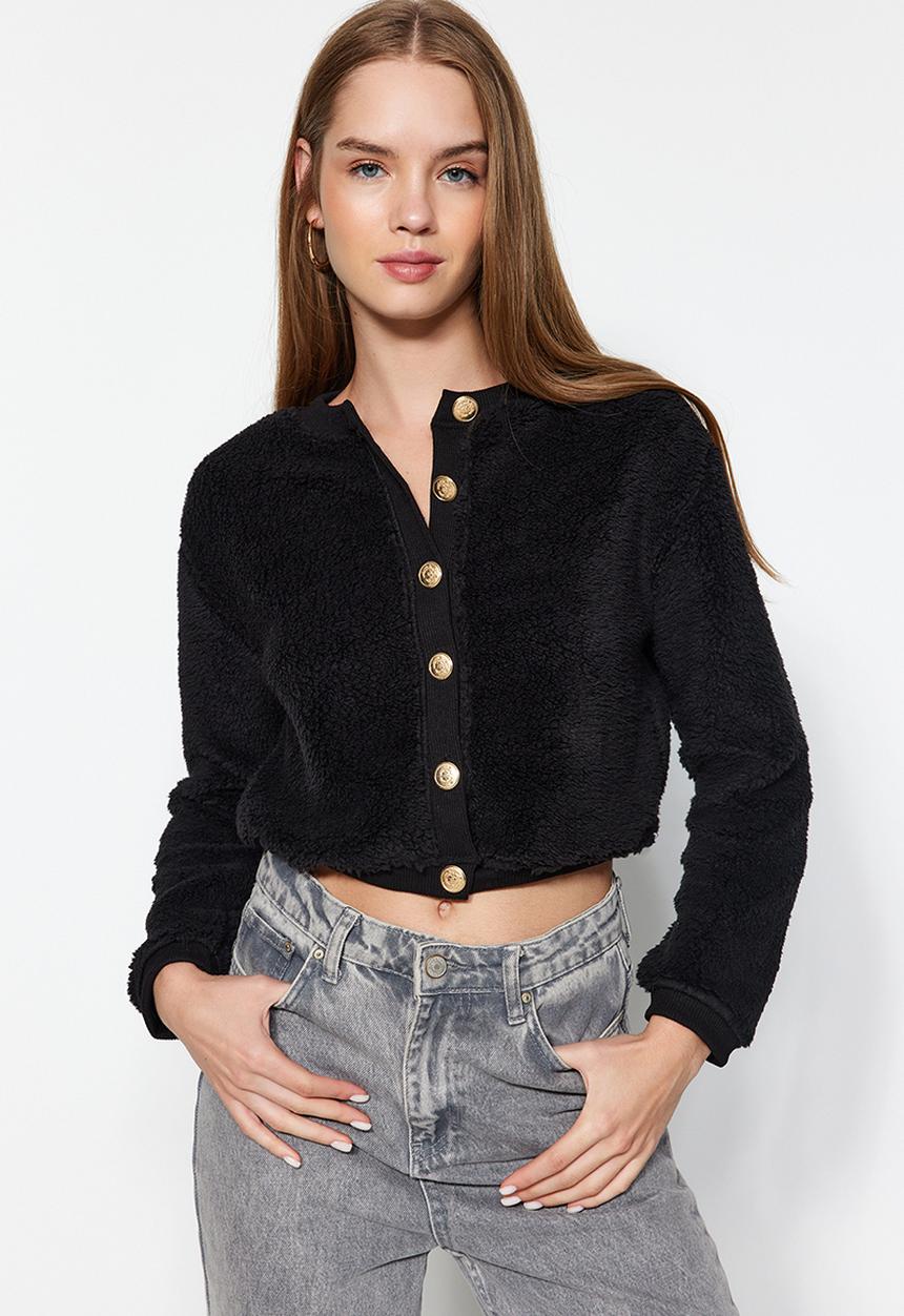 Trendyol - Black gold buttoned plush crop cardigan