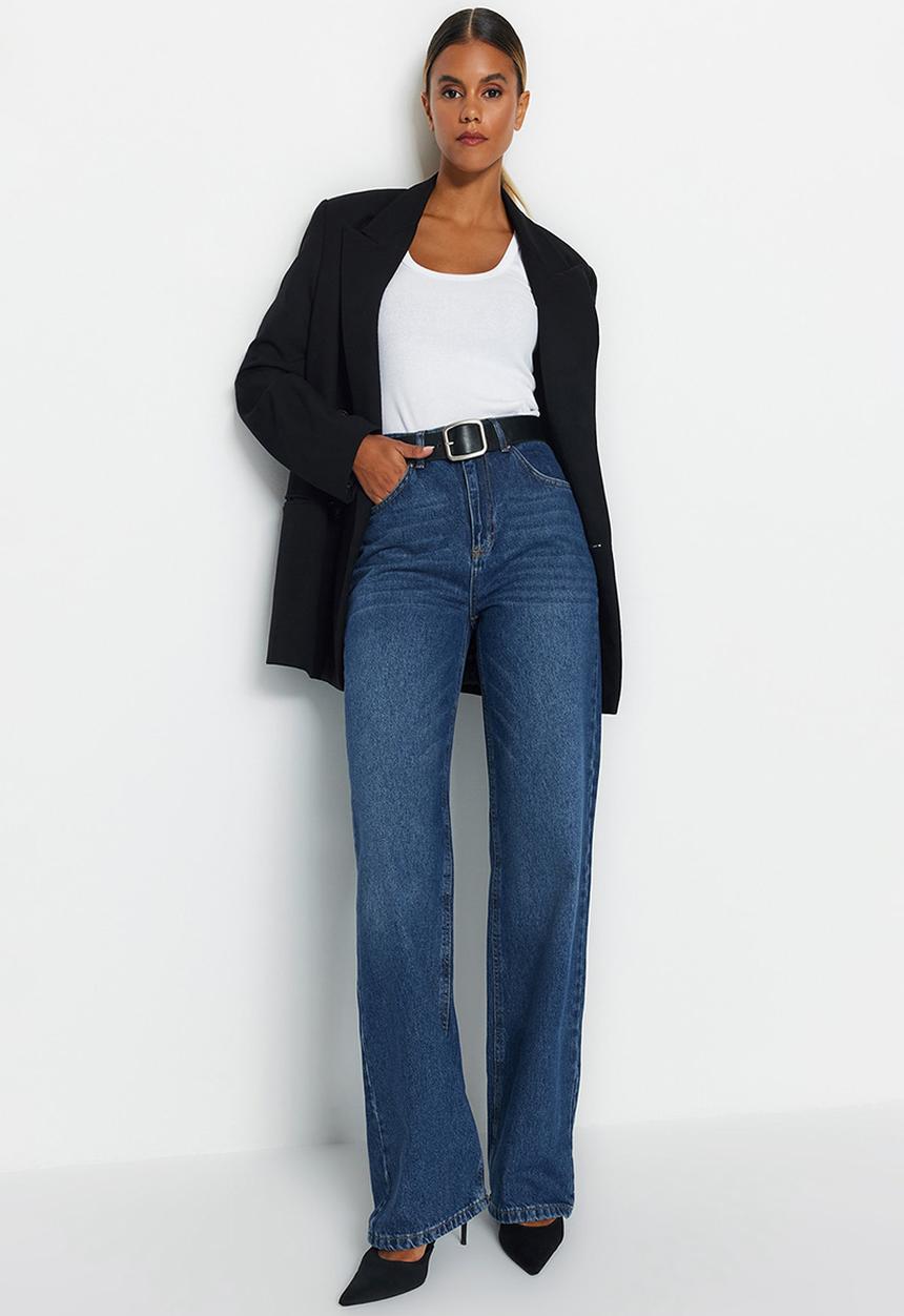 Trendyol - Dark Blue High Waist Wide Leg Jeans